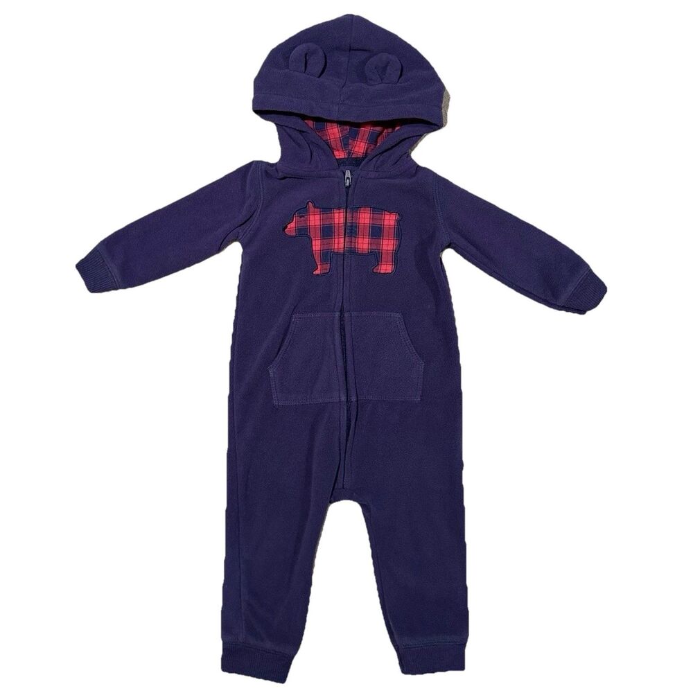 Carters 12M Hooded Fleece Bear Ears Romper 12M Blue Red Plaid Bear 12-18M 91-12M